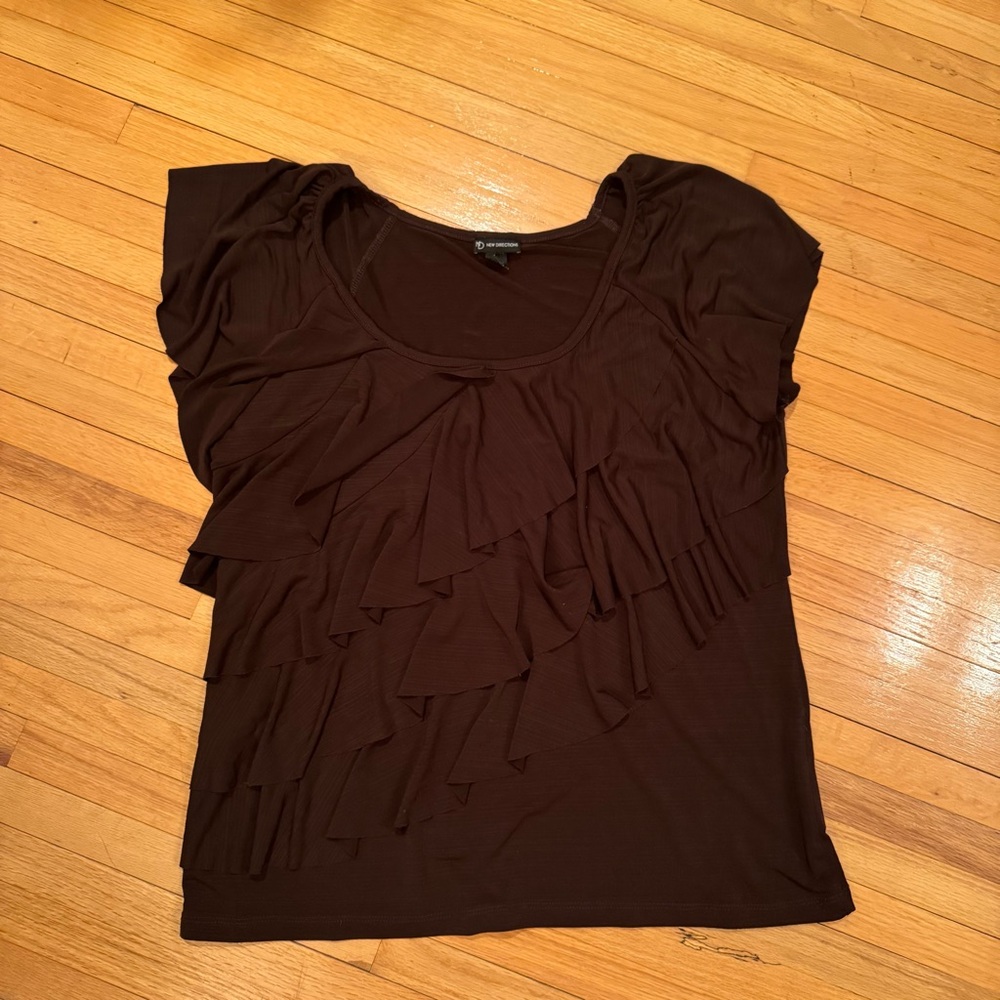 New Directions Brown Ruffled Cap Sleeve Blouse